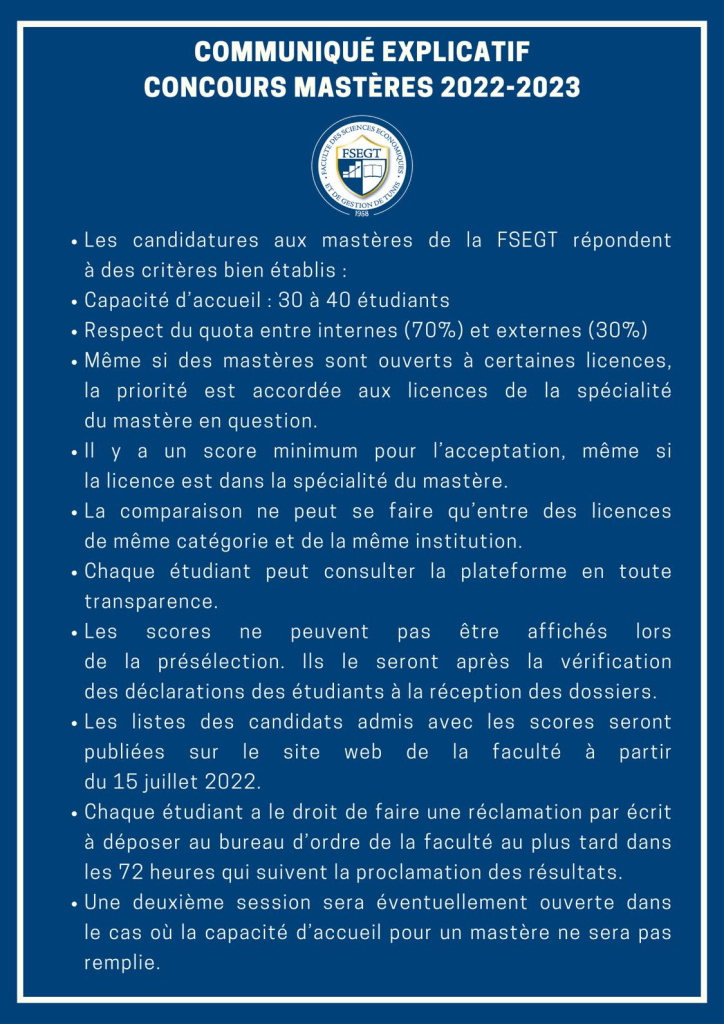 Communiqué Explicatif Concours Mastères 2022-2023