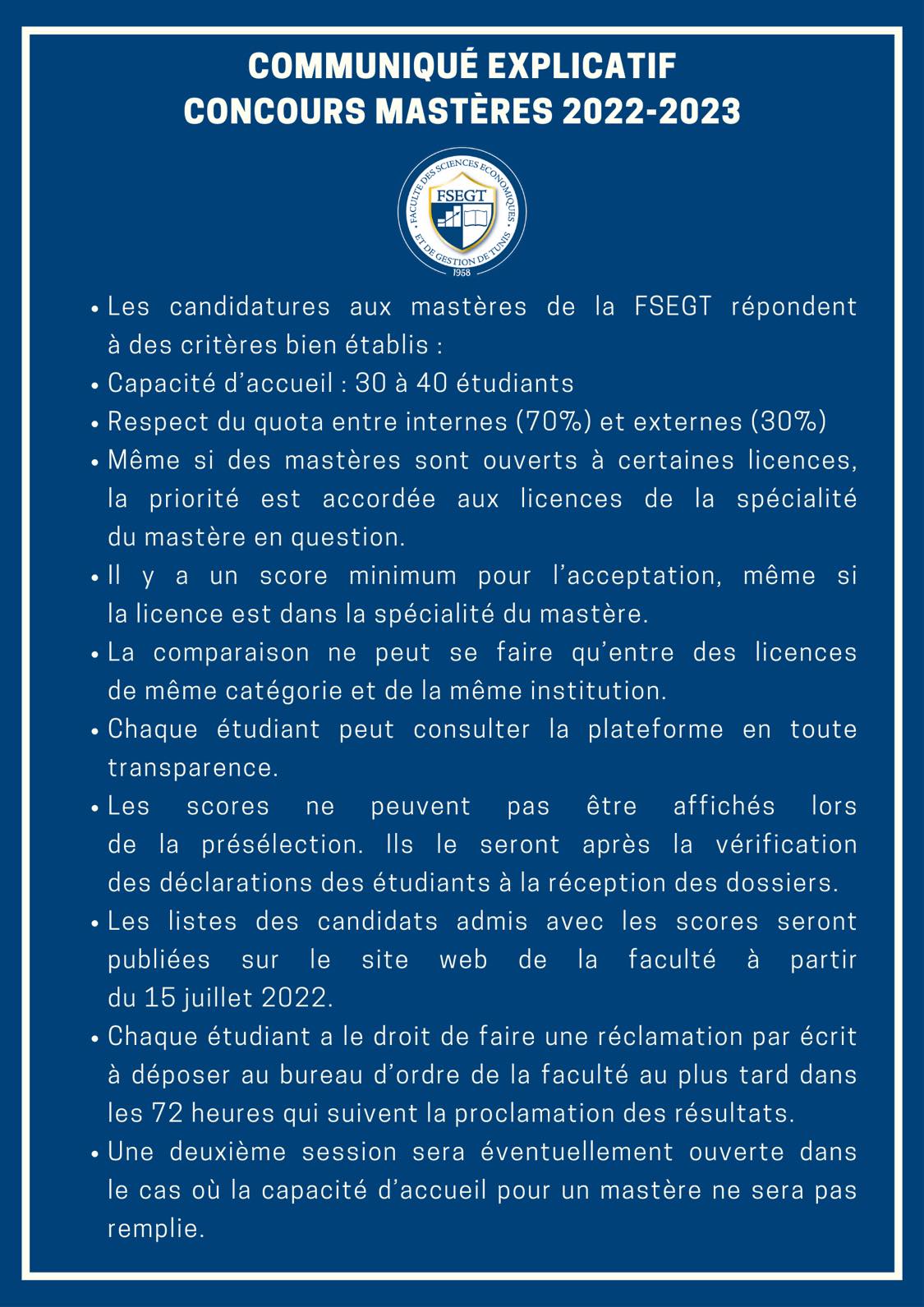 Communiqué Explicatif Concours Mastères 2022-2023