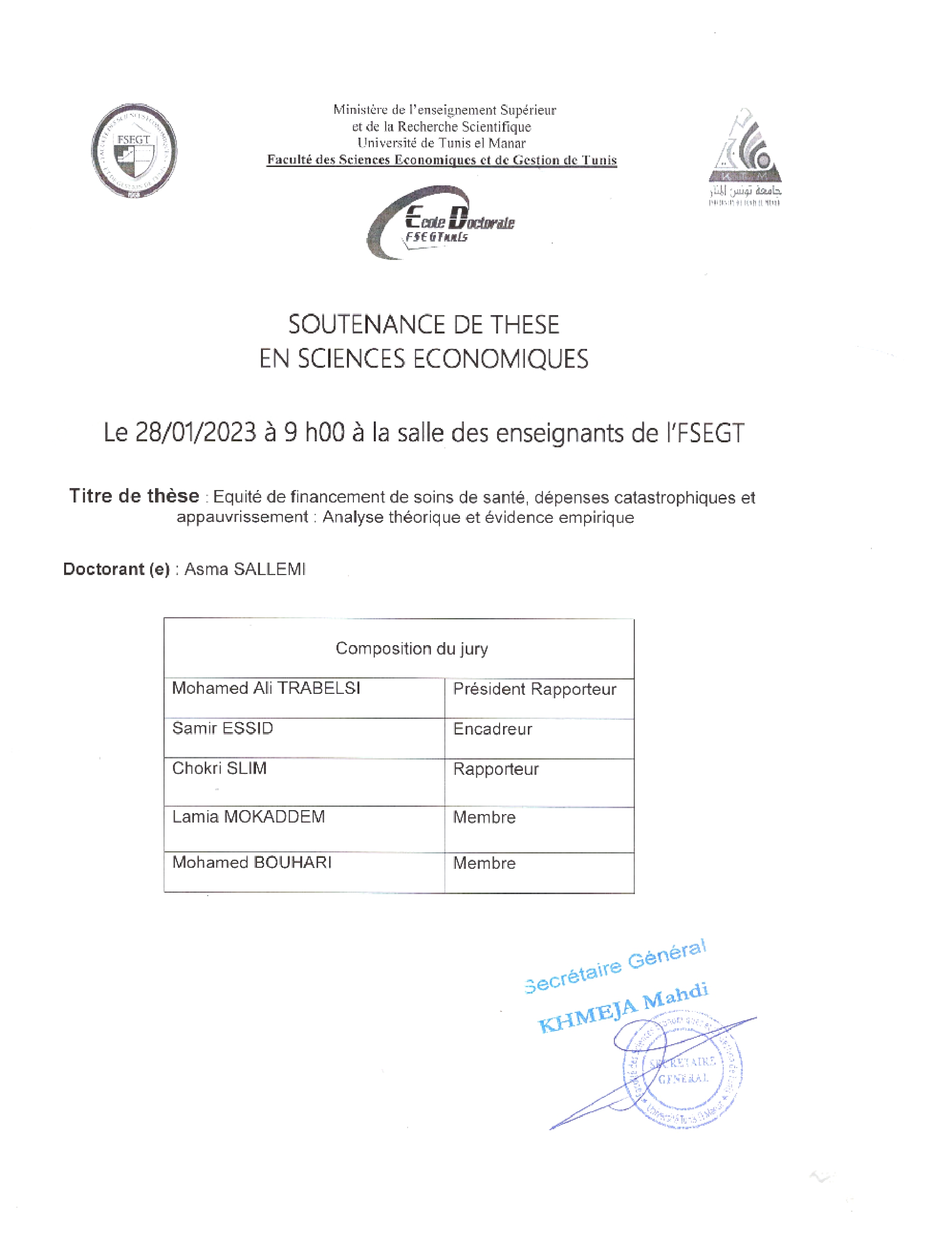 soutenance de thèse de doctorat de Madame Asma Sallemi, doctorante en Sciences économiques